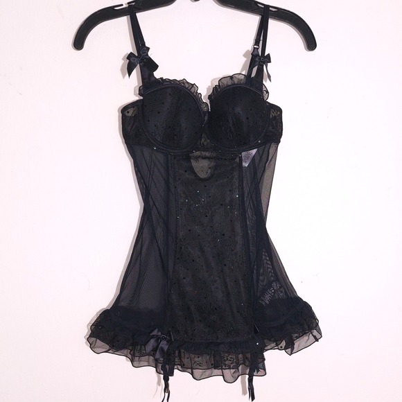 La SENZA Other - La Senza Black Sparkly Mesh Babydoll Lingerie with Garters Size S EUC